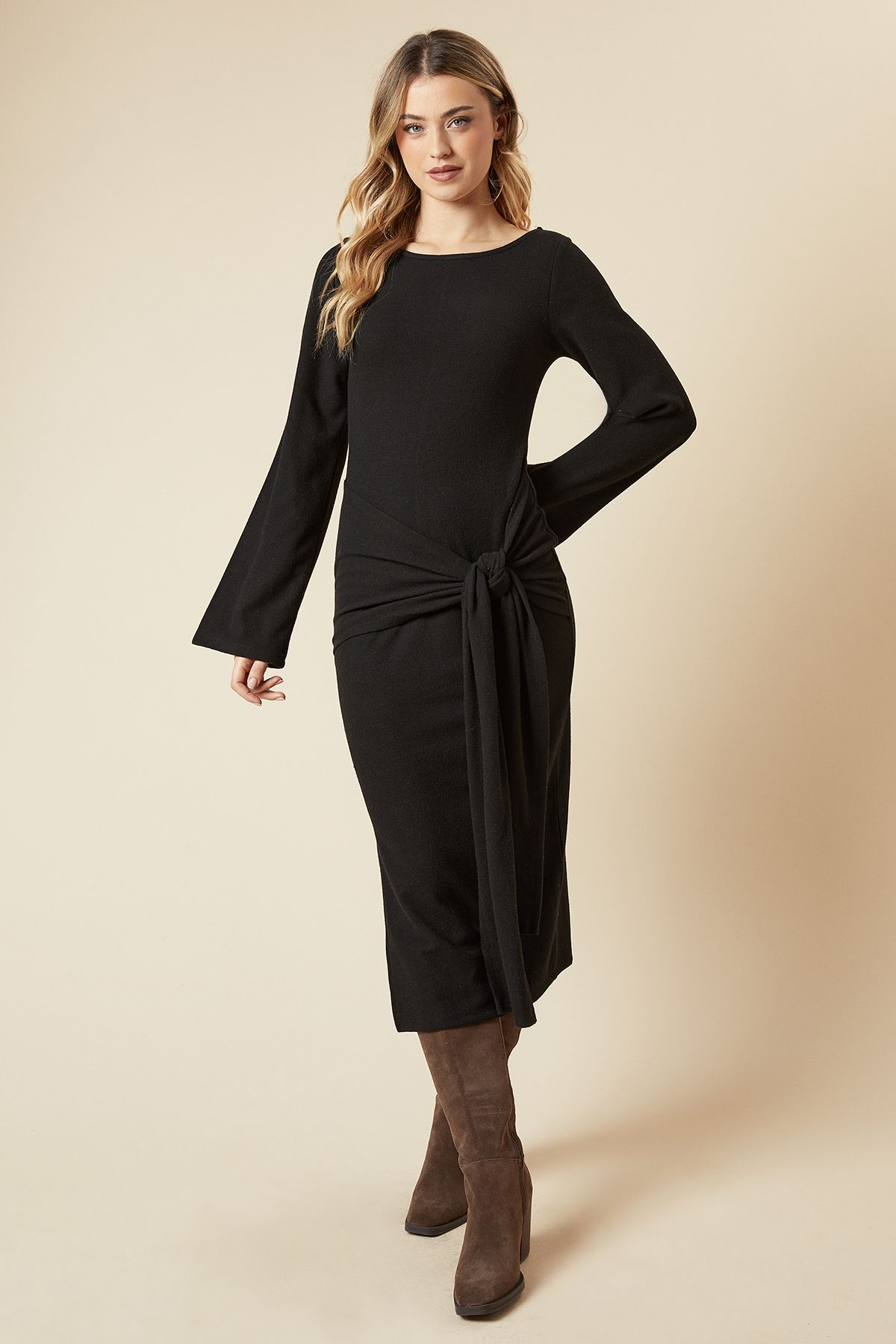 Dorothy Perkins Brushed Tie Front Midi Dress Black image 1