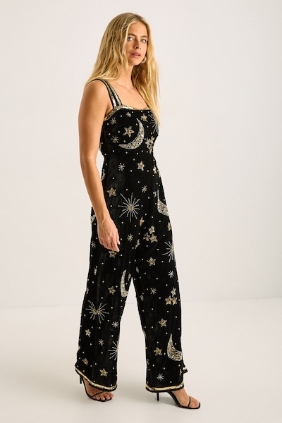 NastyGal Velvet Celestial Embellished Square Neck Jumpsuit Black