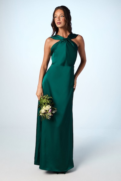 Coast Twisted Halterneck Satin Maxi Bridesmaid Dress Emerald