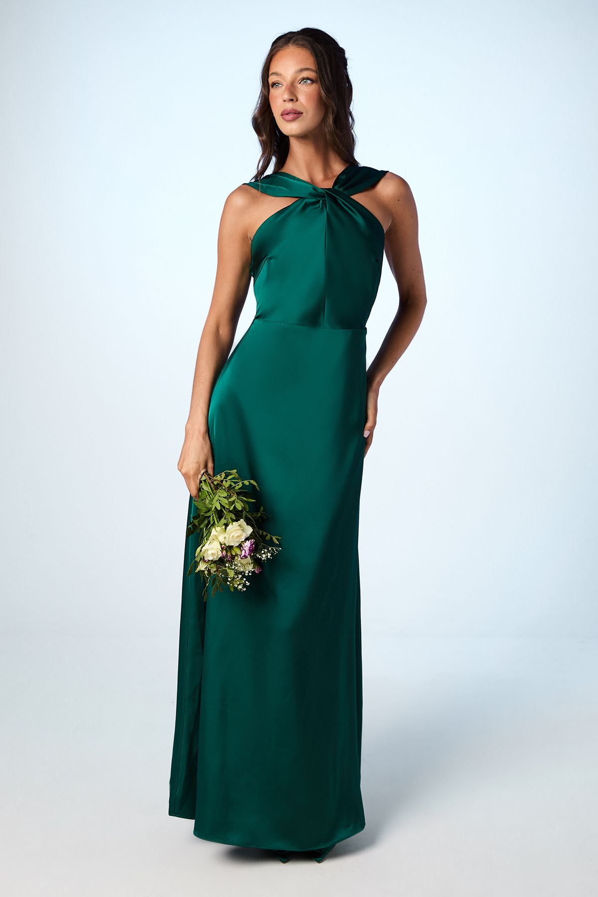 Coast Twisted Halterneck Satin Maxi Bridesmaid Dress Emerald