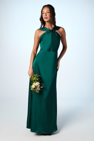 Coast Twisted Halterneck Satin Maxi Bridesmaid Dress Emerald