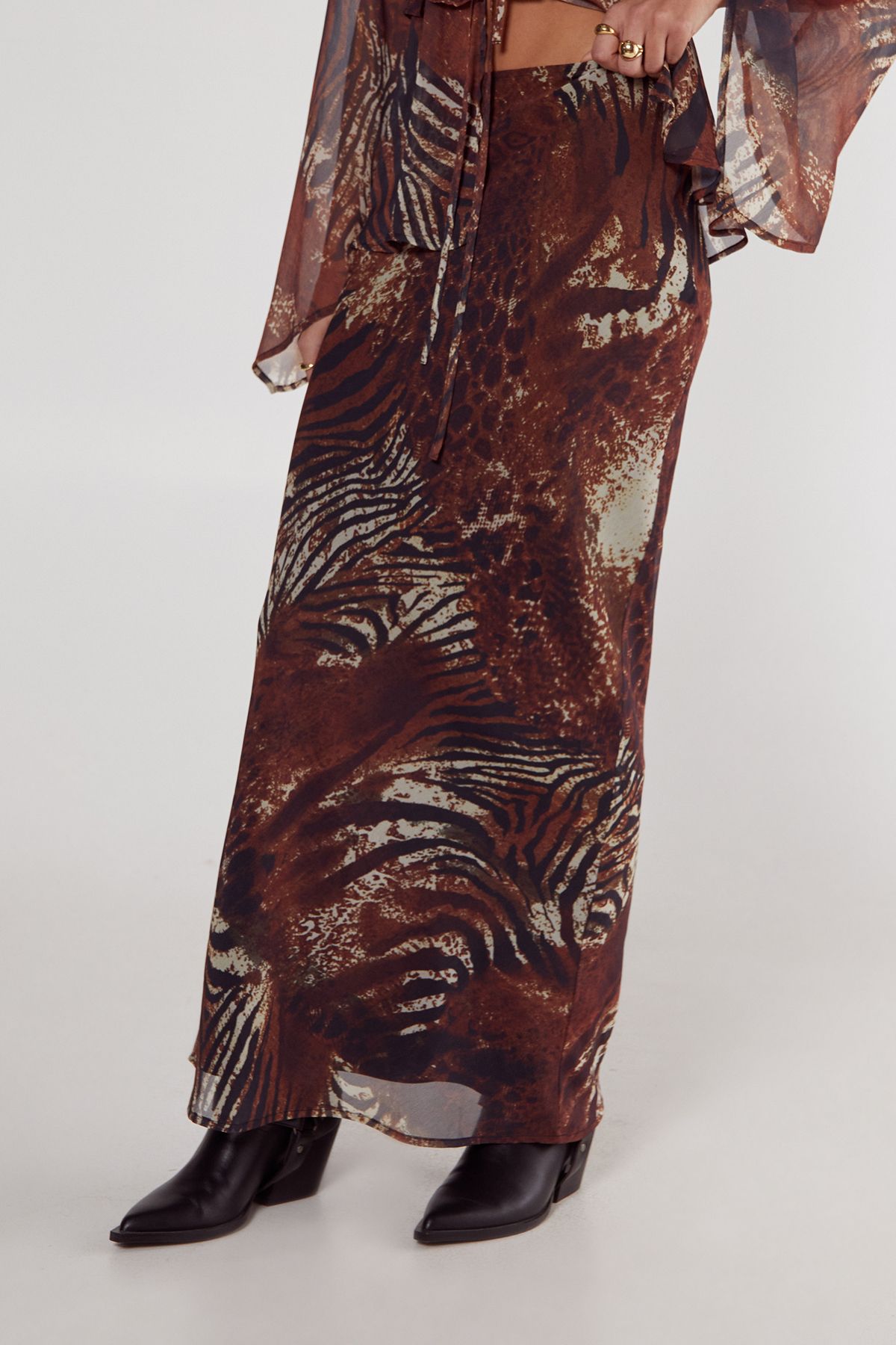 NastyGal Mixed Animal Crinkle Chiffon Bias Cut Maxi Skirt Tan image 3