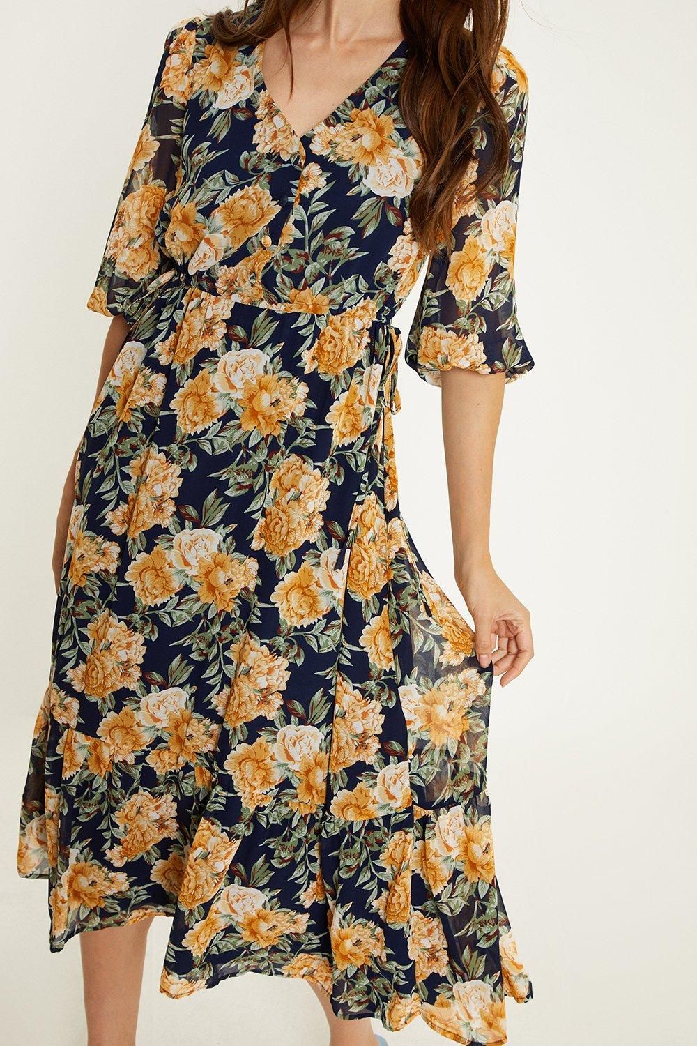 Oasis Floral chiffon button front midi dress Navy image 5
