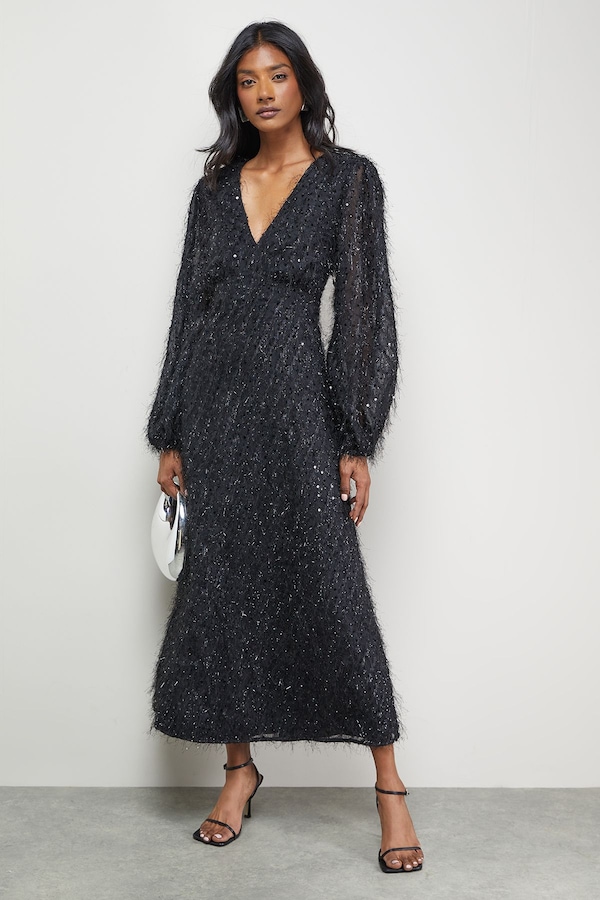 Warehouse Sequin Embellished Fluffy Plunge Neck Midi Dress Black