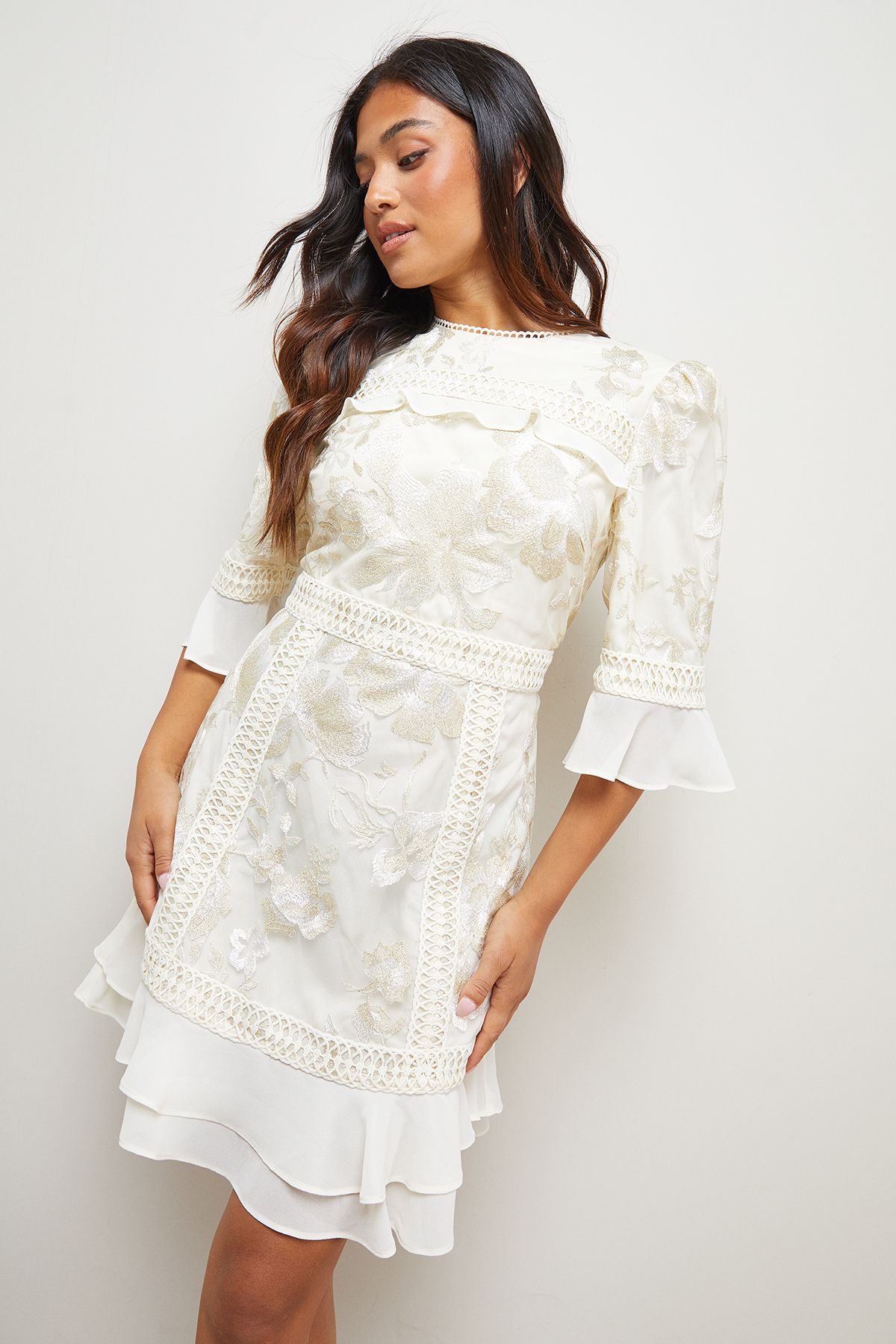 Oasis Petite Chiffon Ruffle Lace Panel Mini Dress Champagne image 4