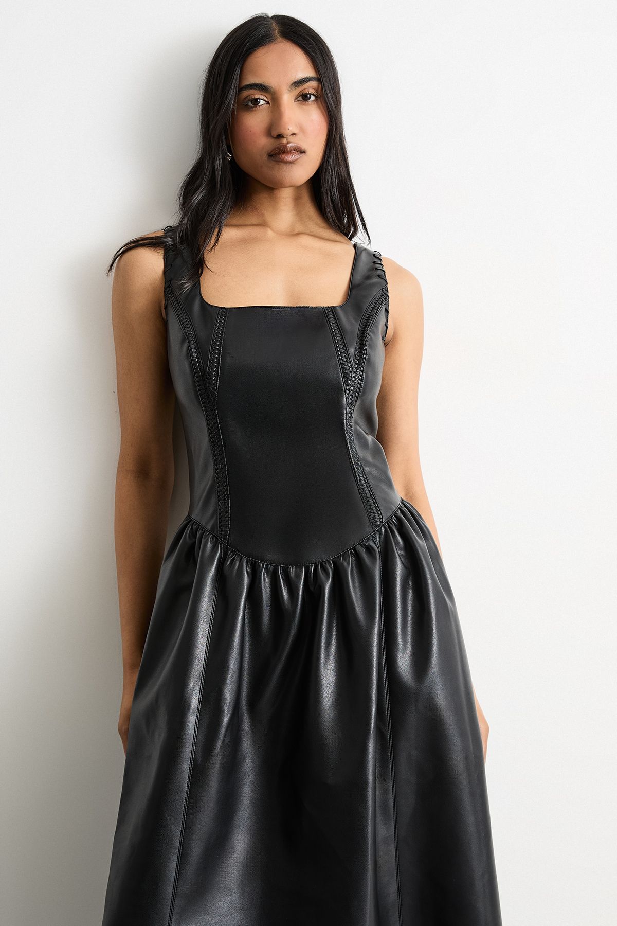Warehouse Faux Leather Whipstitch Trim Midi Dress Black image 2