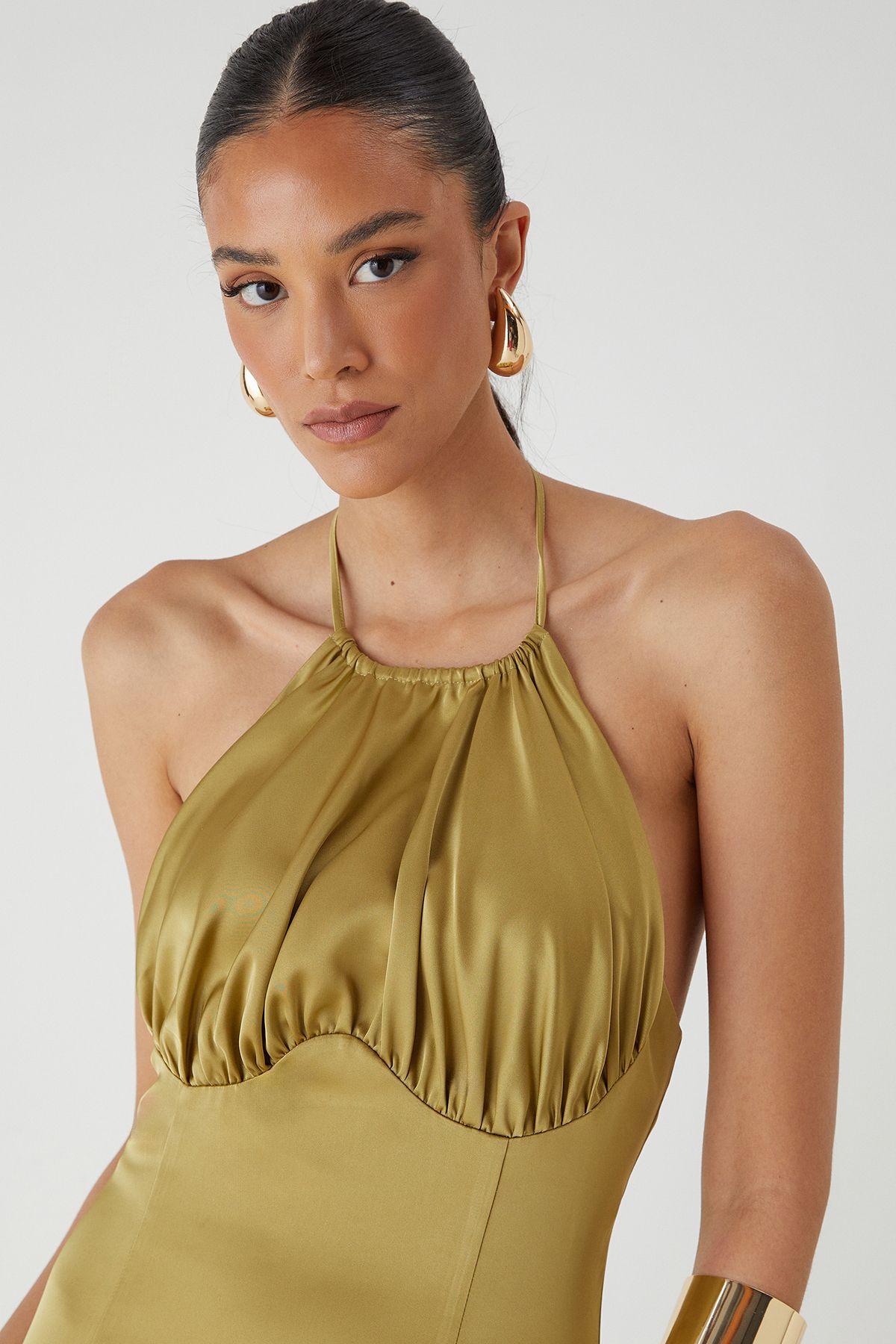 MissPap Halter Neck Split Hem Maxi Dress Green image 4