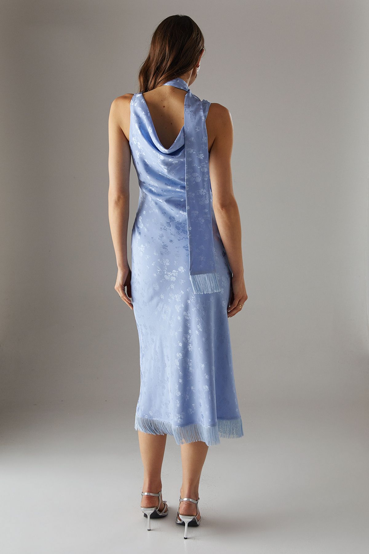 Warehouse Satin Jacquard Cowl Scarf Neck Fringe Midi Slip Dress Cornflower Blue image 3