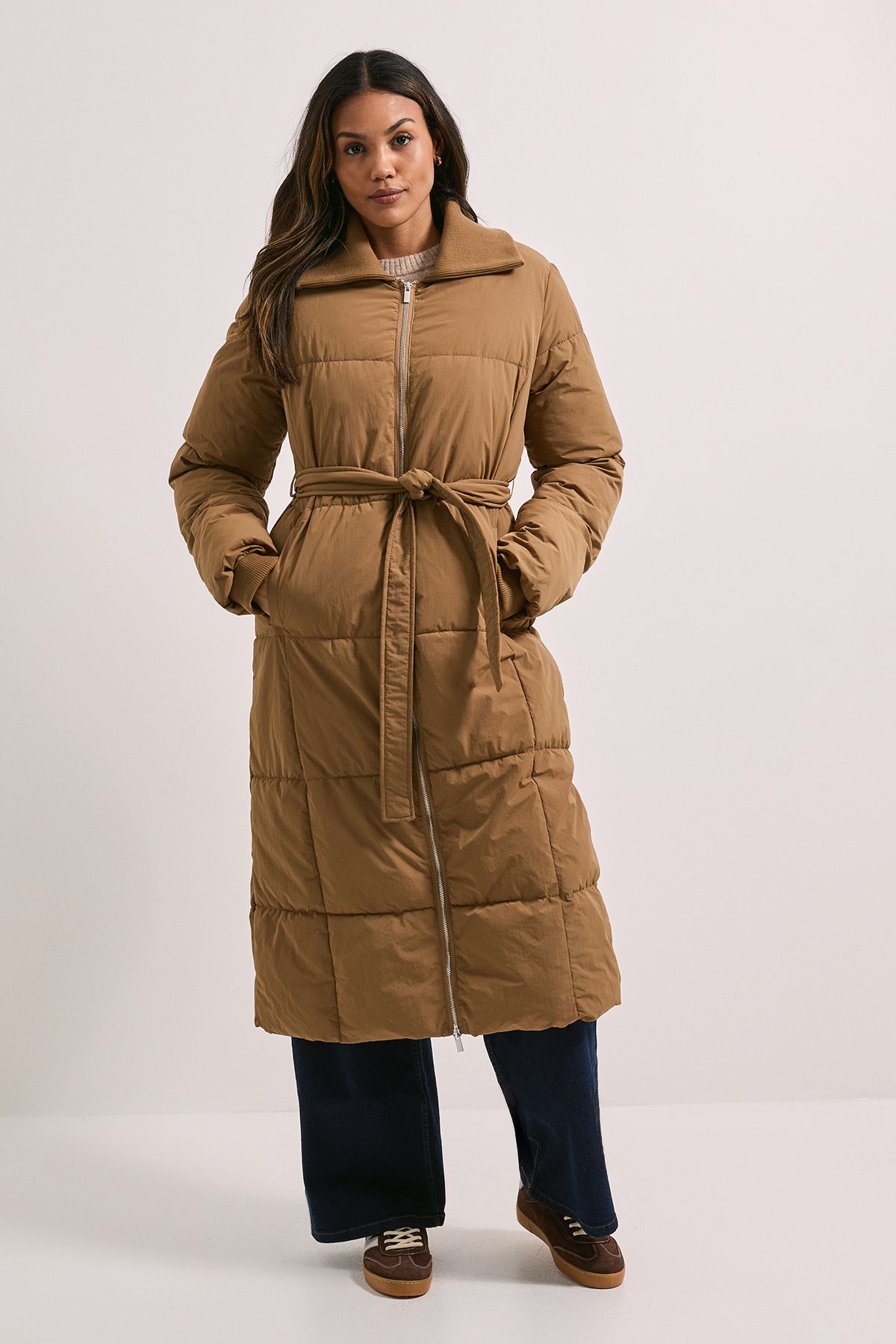 Dorothy Perkins Padded Knitted Collar Coat Camel image 1