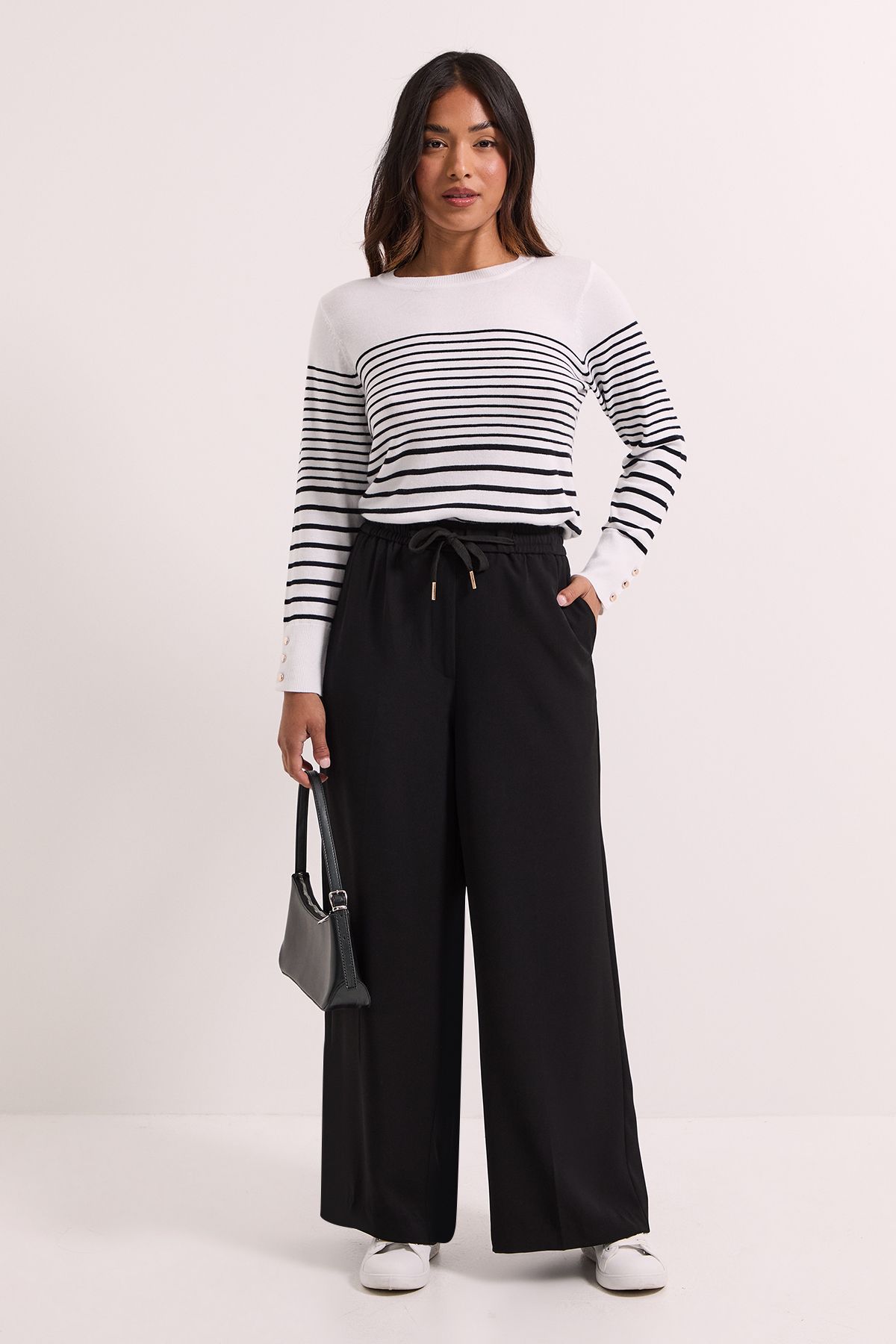 Dorothy Perkins Petite Tie Waist Wide Leg Trousers Black image 1