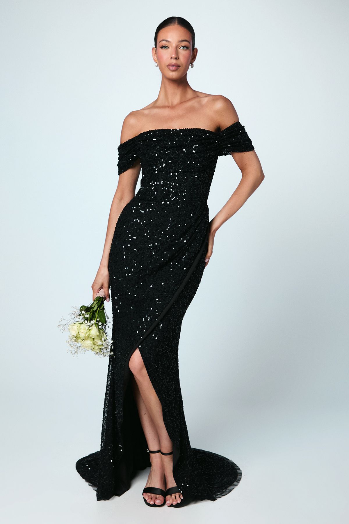 Coast Sequin Bardot Maxi Bridesmaid Dress Black image 1