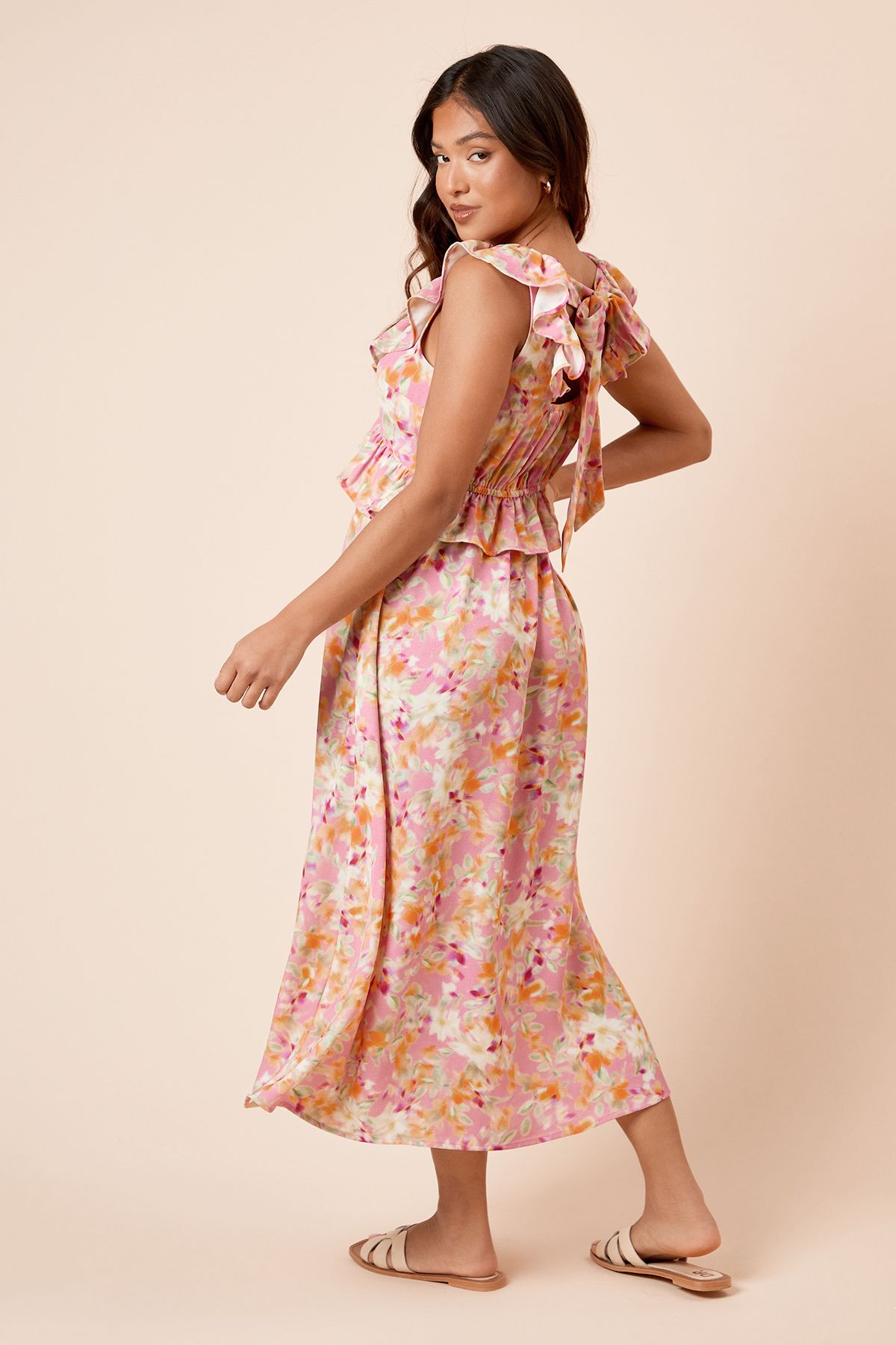 Dorothy Perkins Petite Floral Frill Neckline Tie Back Midi Dress Floral image 3