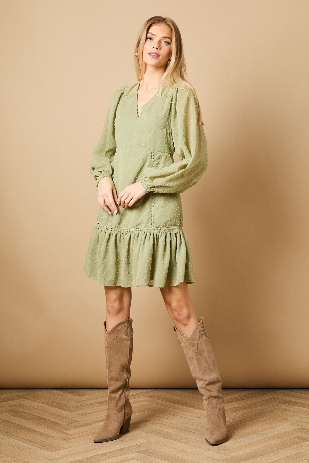 Oasis Trim Insert Detail Mini Dress Green image 2