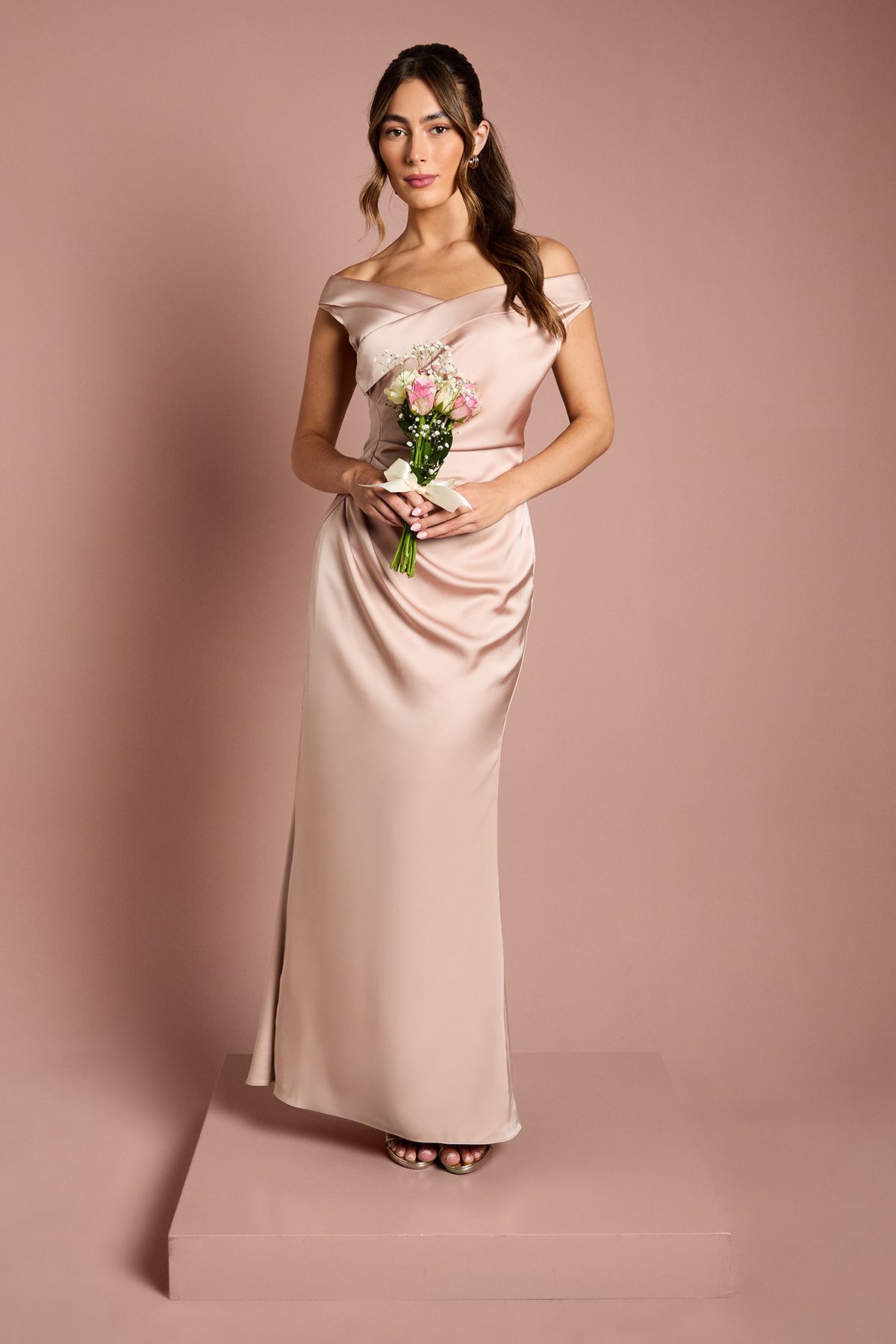 Coast Satin Bardot Bridesmaid Maxi Dress with Waist Ruching Detail Mocha image 1