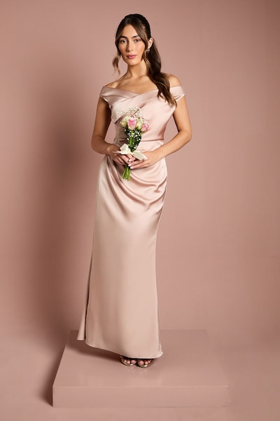 Coast Satin Bardot Bridesmaid Maxi Dress with Waist Ruching Detail Mocha