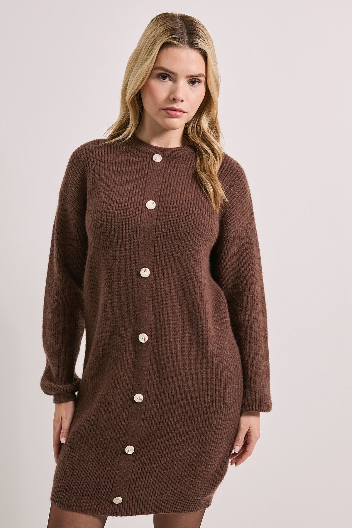 Dorothy Perkins Chocolate Button Down Knitted Dress Chocolate image 1