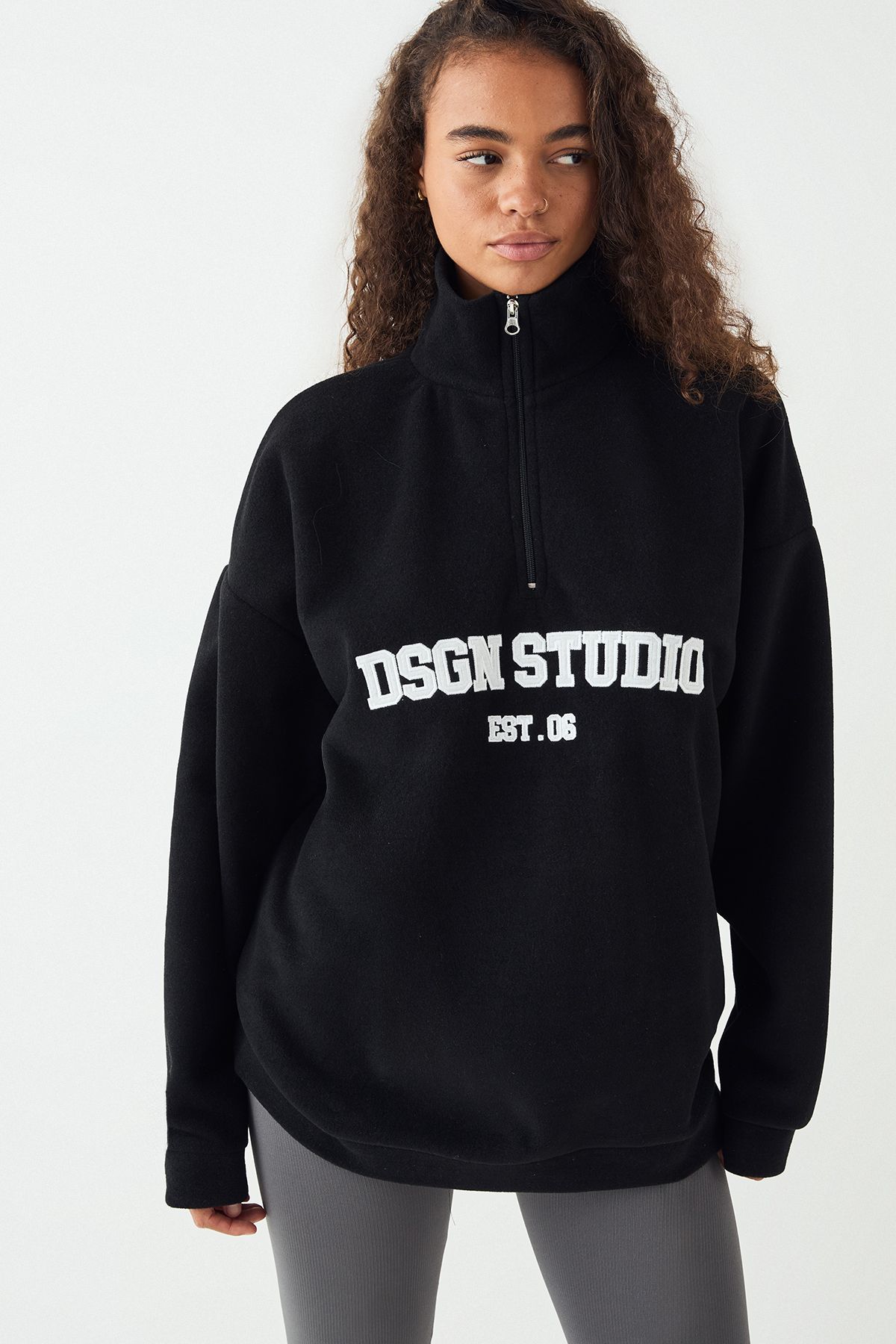 DSGN Studio DSGN Studio Slogan Embroidered Half Zip Oversized Polar Fleece Sweatshirt Black image 4