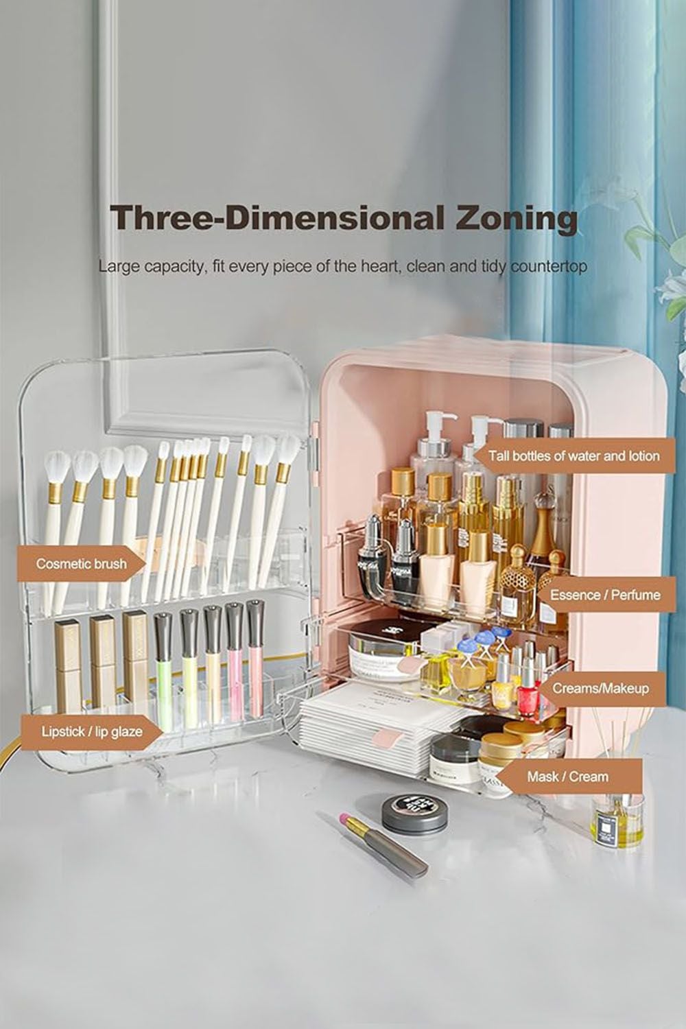 Living and Home Cosmetic Organizer Skincare Display Box Makeup Storage Case with Mirror image 3