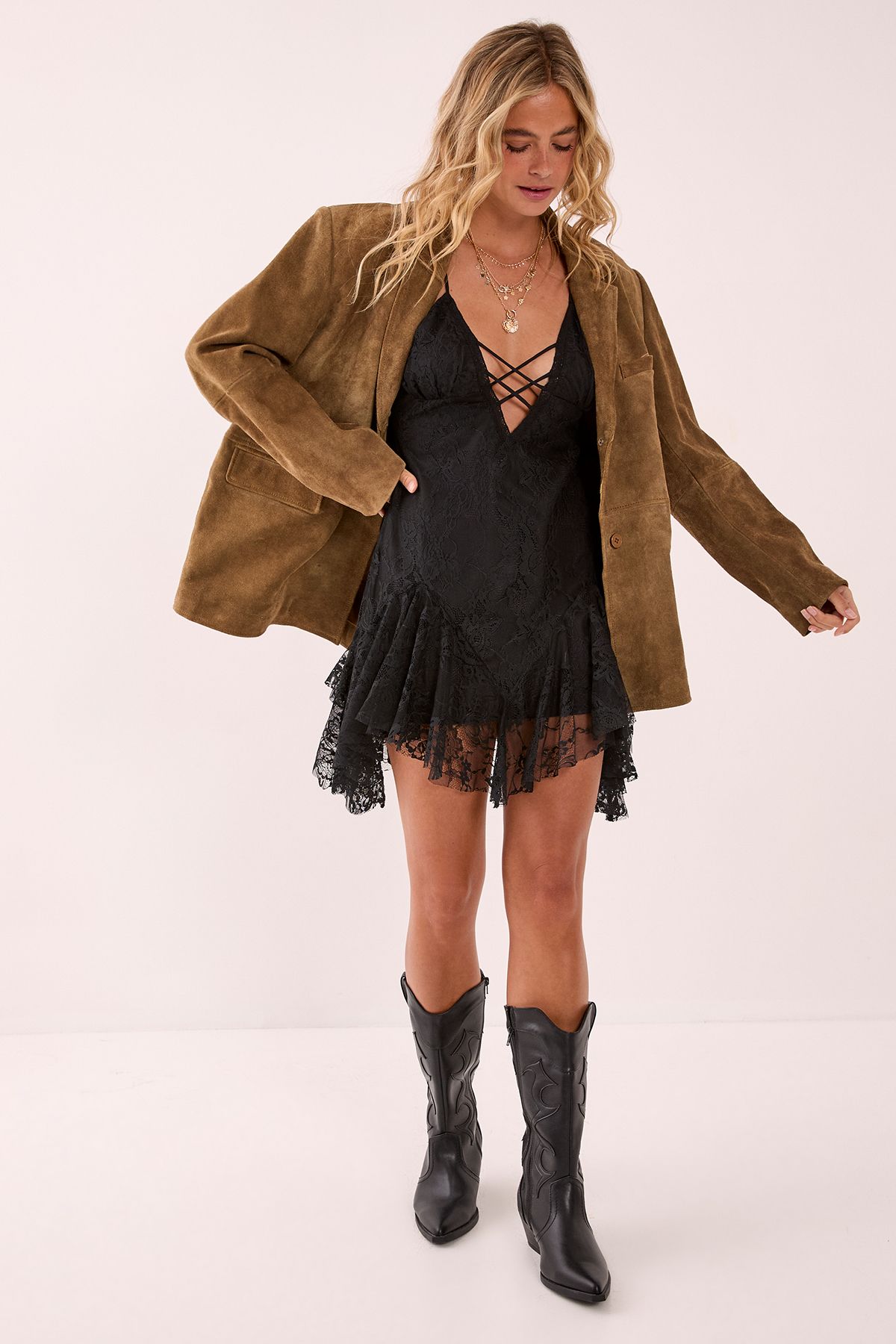 NastyGal Lace Godet Hem Mini Dress Black image 1