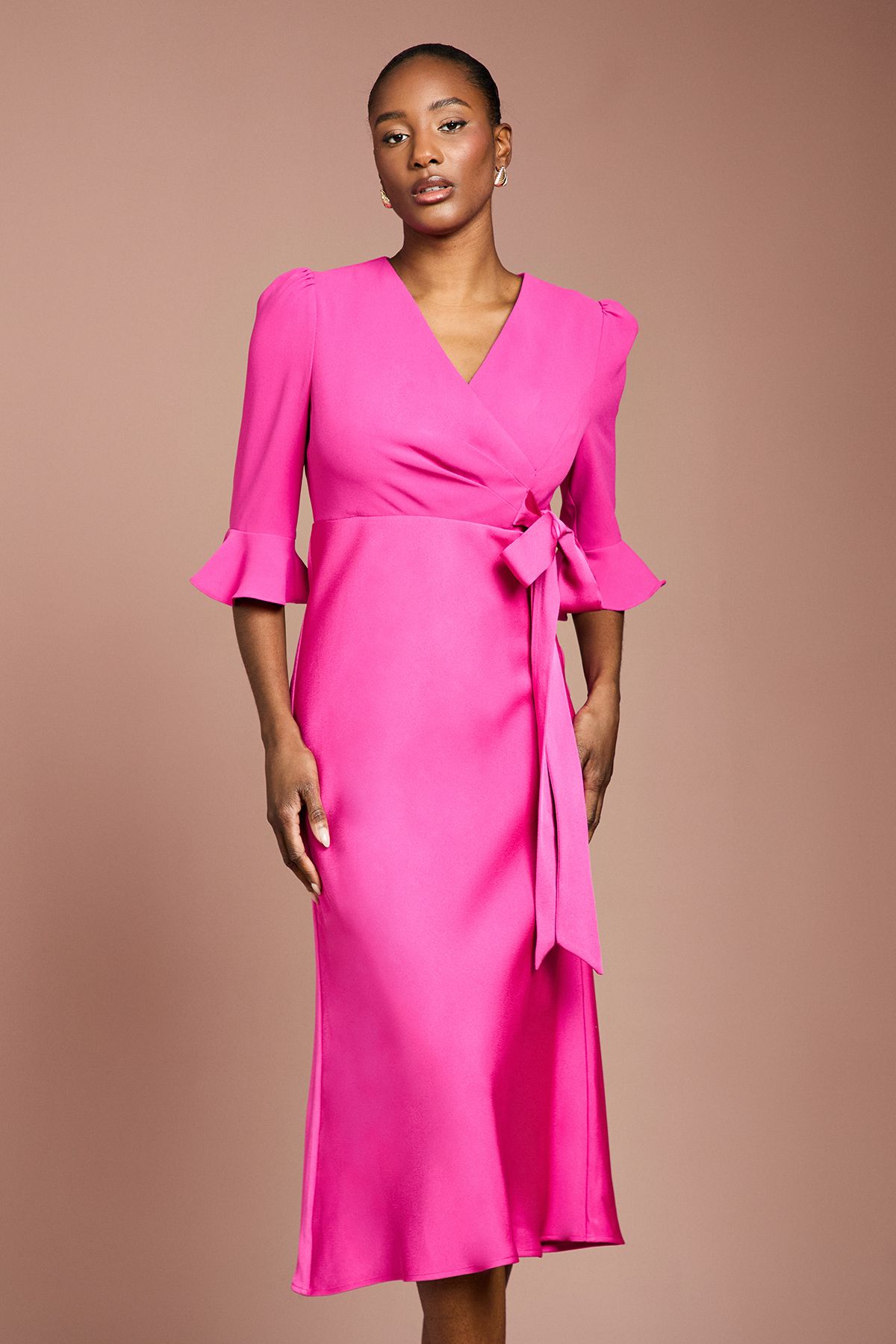 Coast Ruffle Sleeve Satin Back Crepe Wrap Dress Hot Pink image 2
