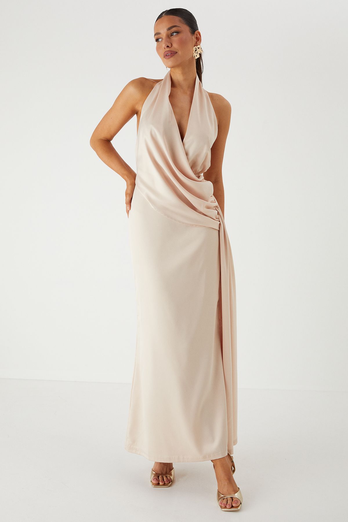 MissPap Satin Halterneck Draped Side Maxi Dress Champagne image 4