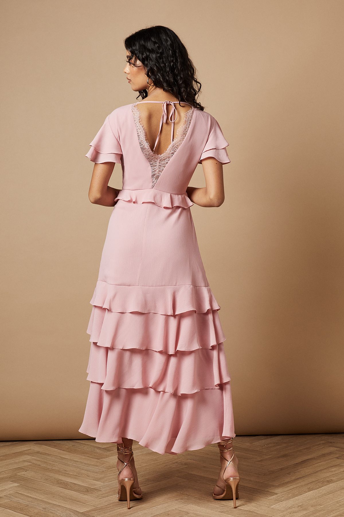 Oasis Petite Plain Ruffle Tiered Lace Midi Dress Mint image 3