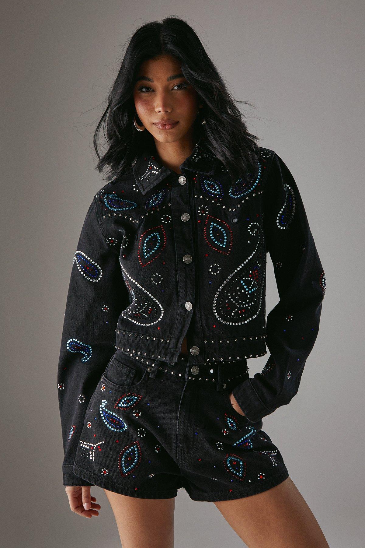 Warehouse Paisley Embellished Denim Hot Pant Shorts Washed Black image 2