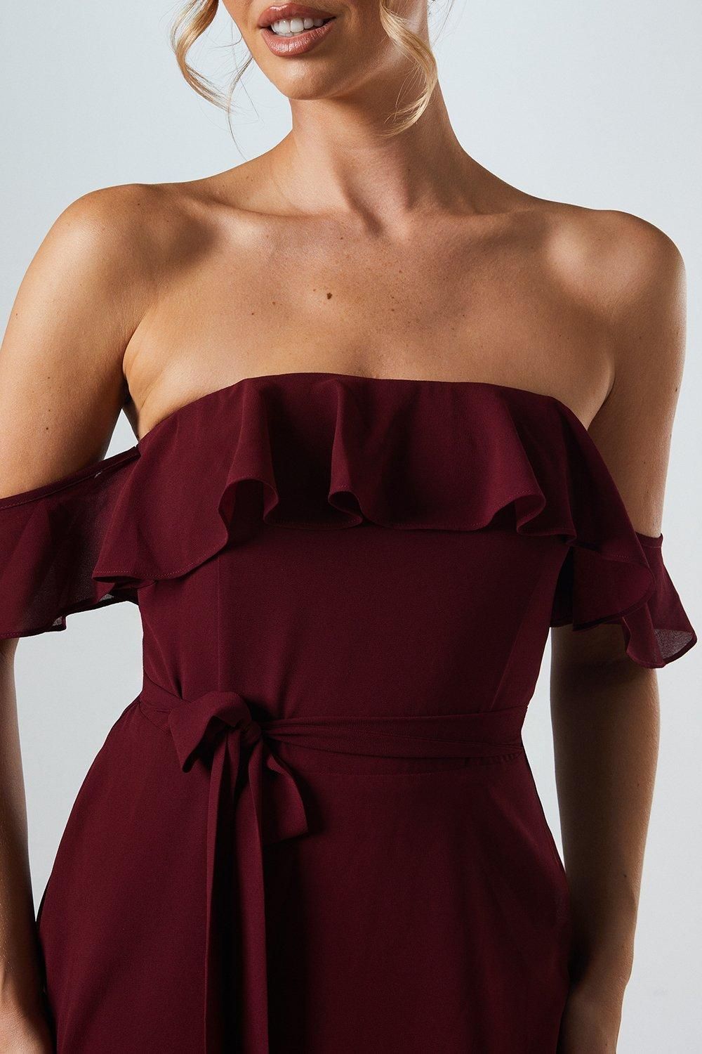 Oasis Bardot Tiered Georgette With Tie Detail Bridesmaid Dress Berry image 2