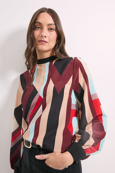 Principles Brown Print High Neck Tie Back Volume Blouse Brown