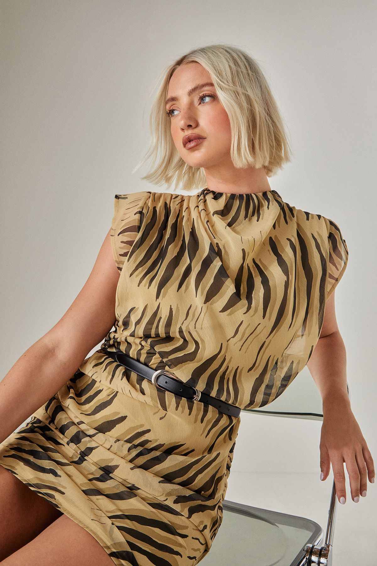 NastyGal Tiger Chiffon High Neck Ruched Mini Dress Stone image 1