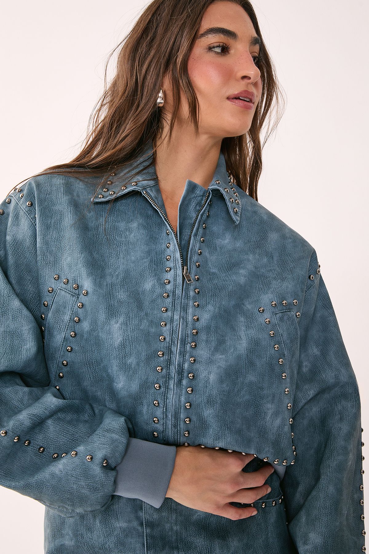 NastyGal Distressed Faux Leather Studded Bomber Jacket Blue image 1