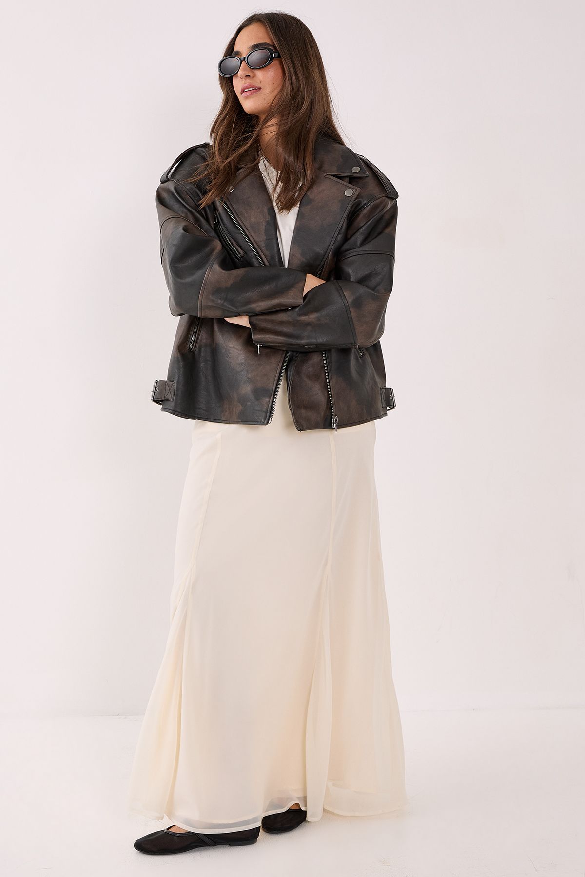 NastyGal Two Tone Faux Leather Biker Jacket Brown image 2
