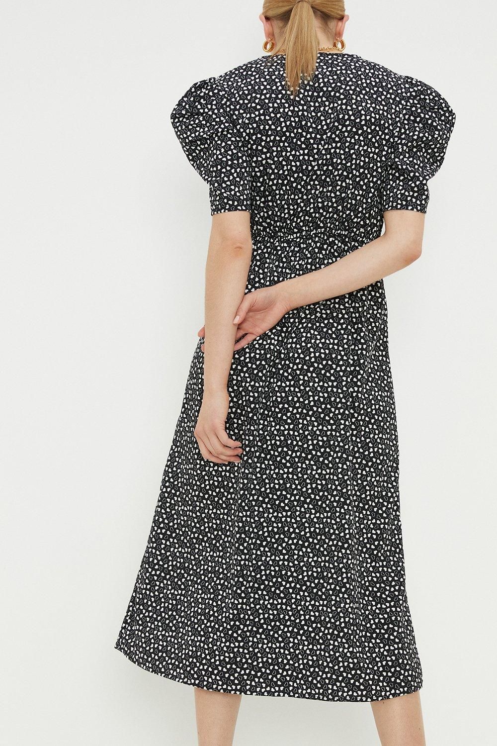 Dorothy Perkins Heart Print Puff Sleeve Wrap Midi Dress Mono image 4