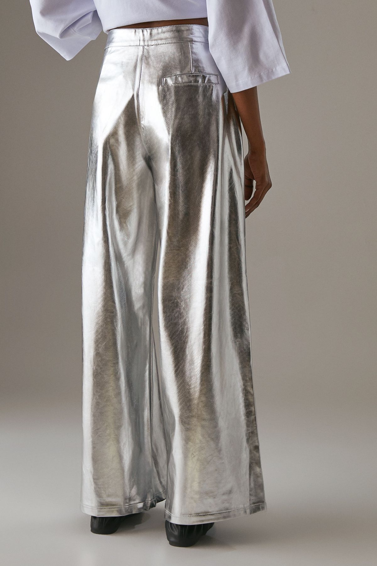 Warehouse Metallic Wide Leg Trouser Metallic Silver image 3