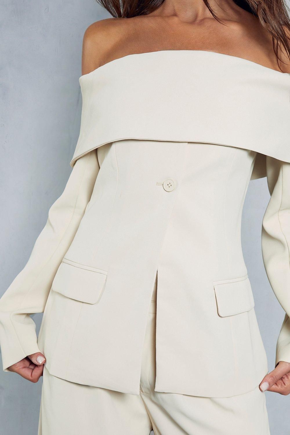 MissPap Tailored Bardot Fitted Blazer Top Stone image 5
