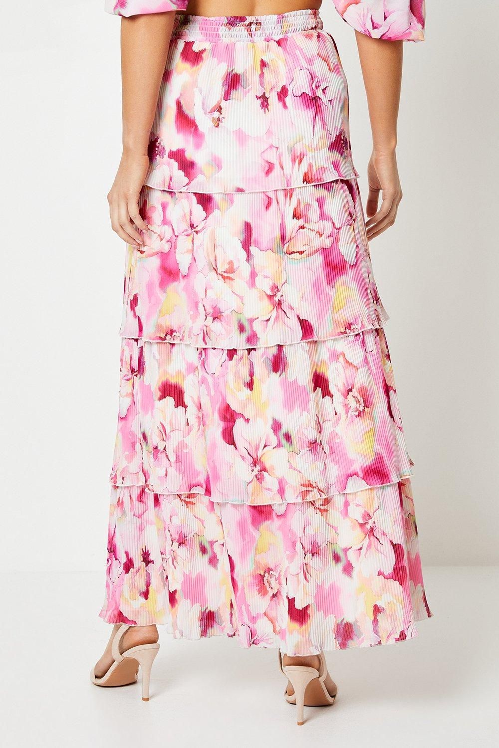 Oasis Floral Pleated Tiered Maxi Skirt Pink image 3