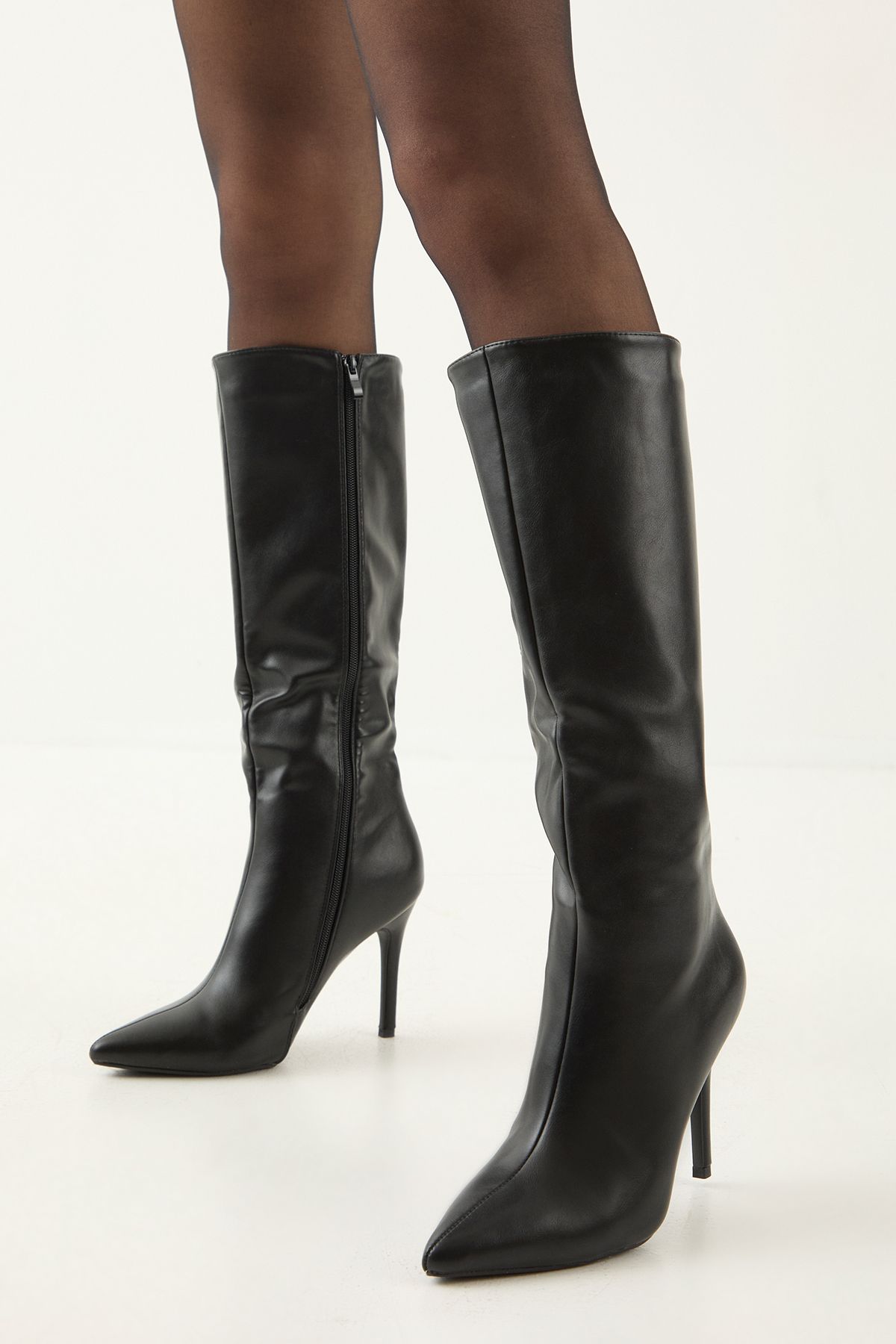 MissPap Faux Leather Pointed High Stiletto Heel Knee Boots Black