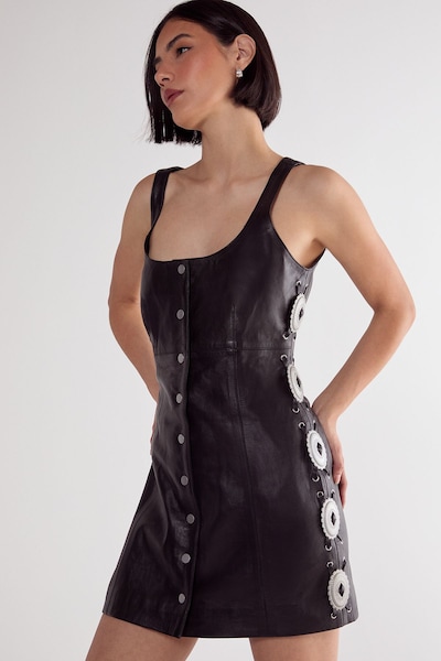 NastyGal Real Leather Buckle Detail Western Mini Dress Black