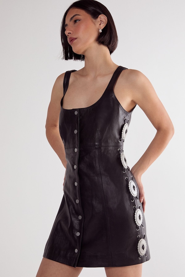 NastyGal Real Leather Buckle Detail Western Mini Dress Black