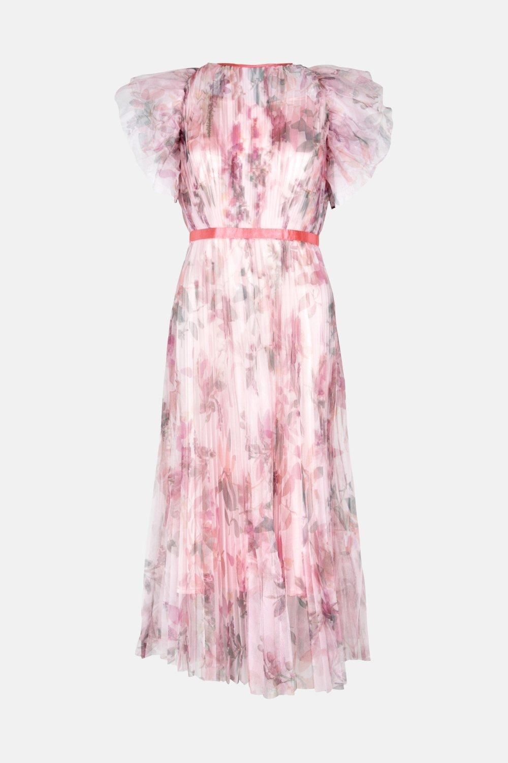 Coast Mesh Printed Dress With Pleated Skirt Blush image 5