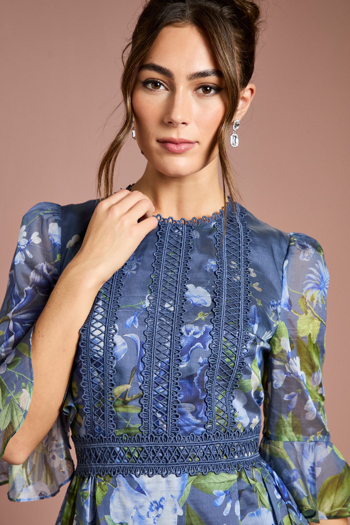 Coast Placement Print 3/4 Sleeve Organza Midi Dress Blue image 2