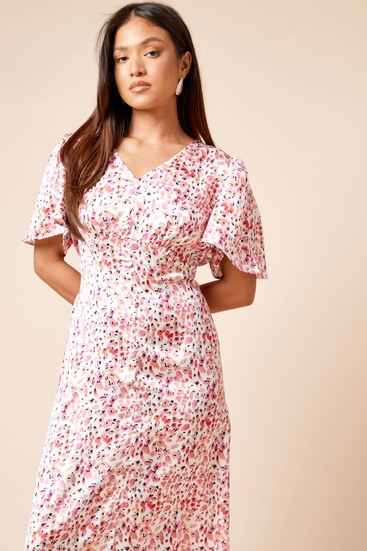 Dorothy Perkins Petite V Neck Angel Sleeve Midi Dress Pink image 2