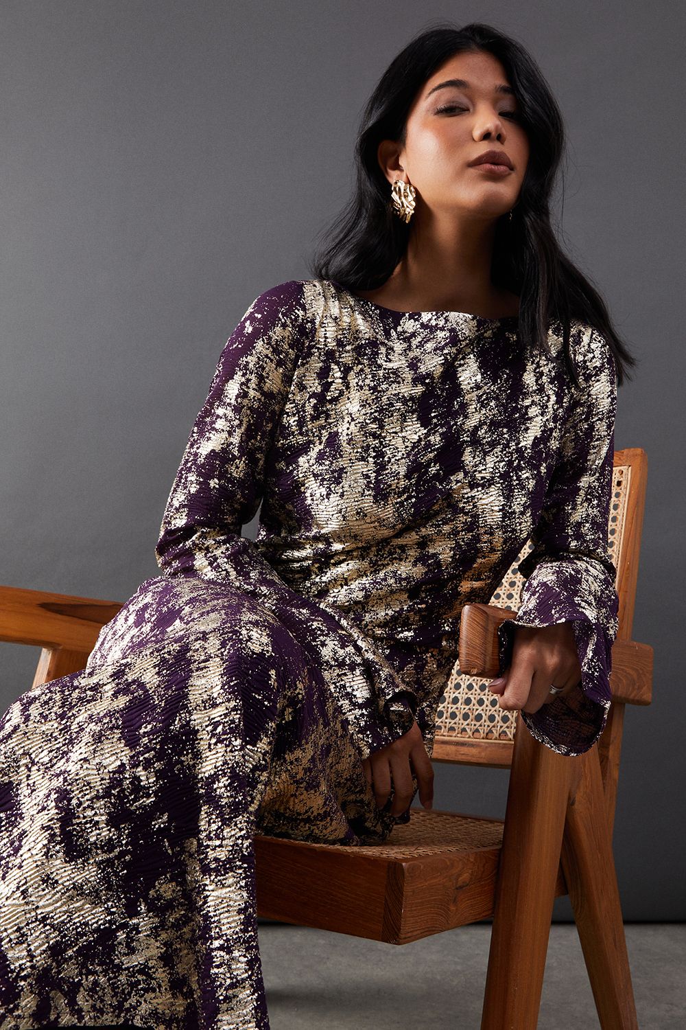 Warehouse Metallic Chiffon Slash Neck Bias Midi Dress Purple image 2