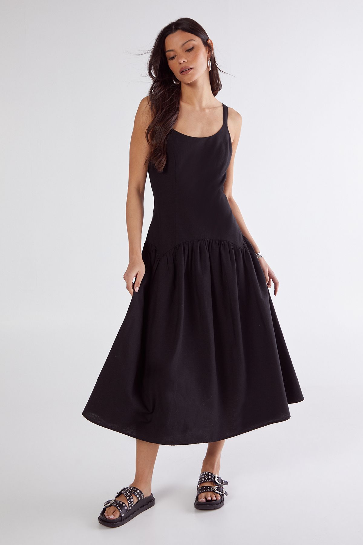 NastyGal Linen Mix Drop Waist Seamed Midi Dress Black image 1