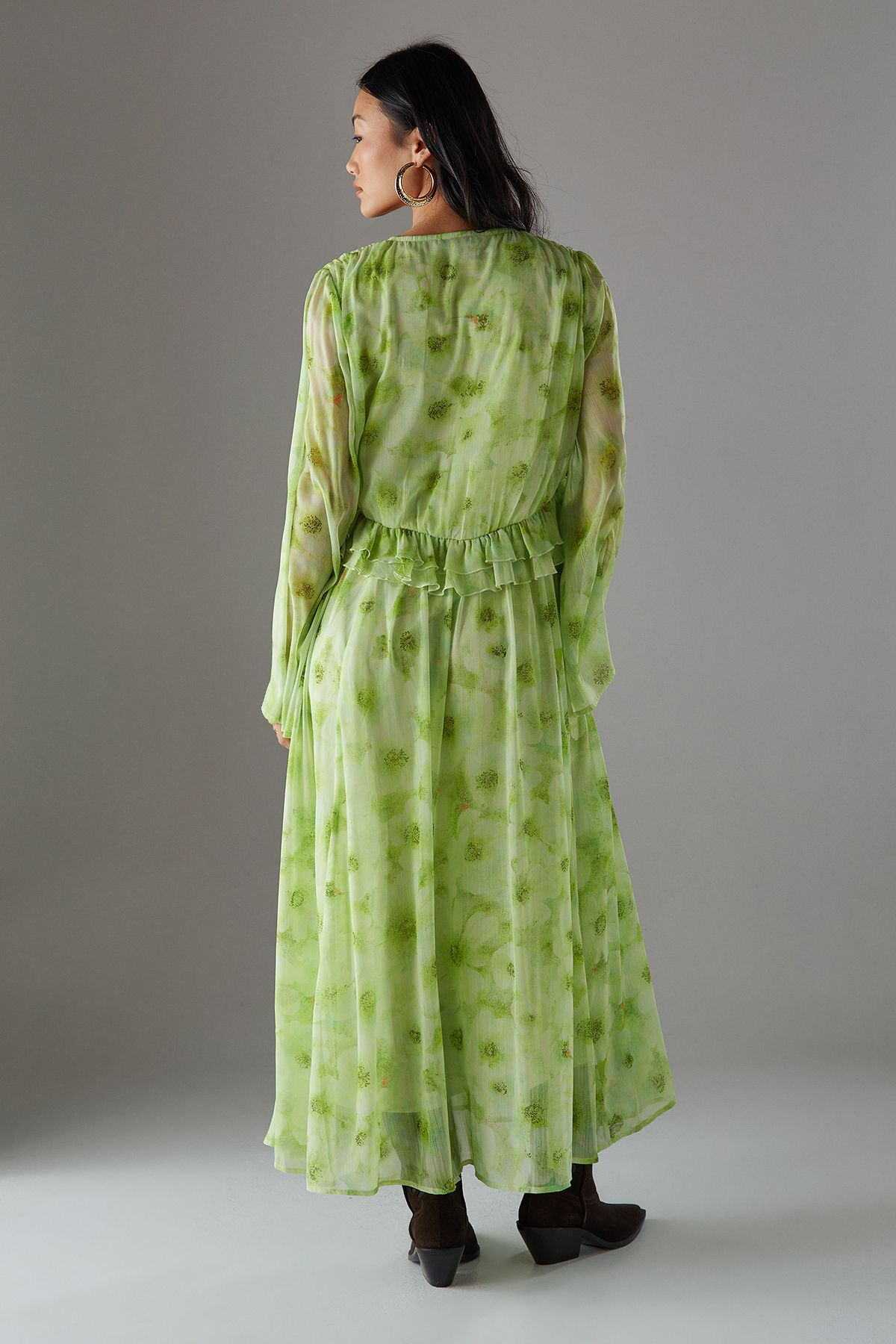 Warehouse Petite Chiffon Plunge Neck Ruffle Midi Smock Dress Yellow image 4