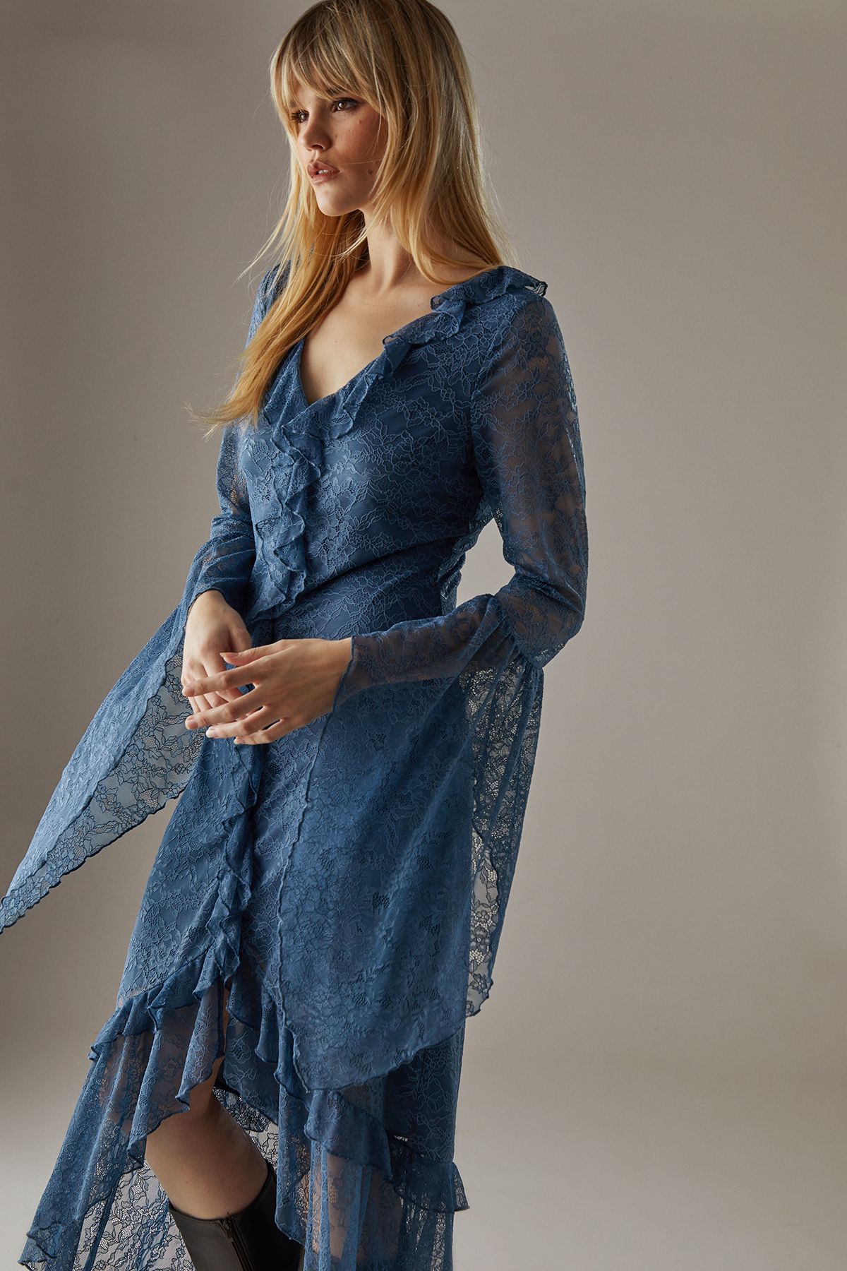 Warehouse Lace Button Through Ruffle Maxi Dress Blue image 4