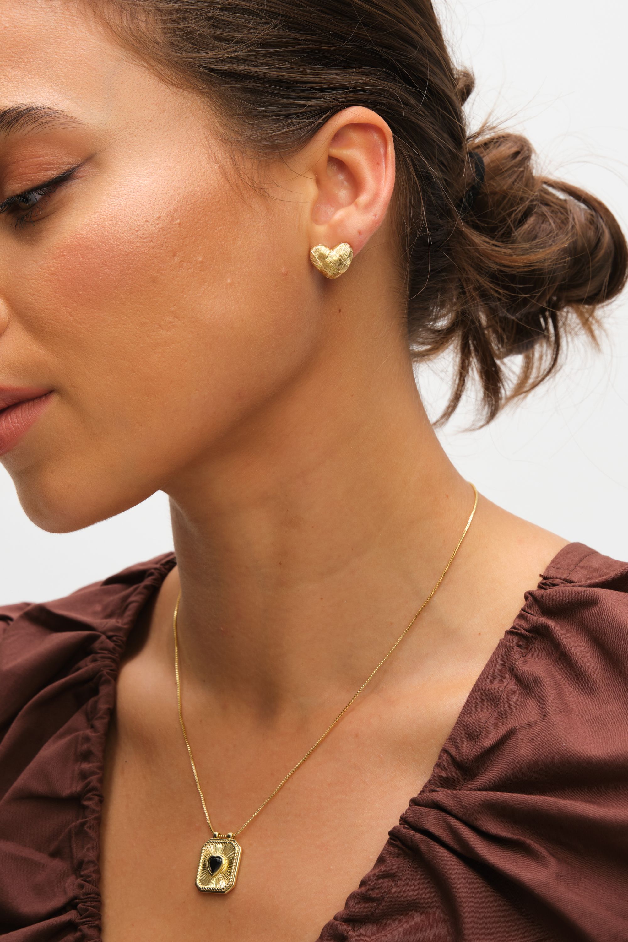 Inicio Gold Plated Brushed Heart Studs - Gift Pouch image 2