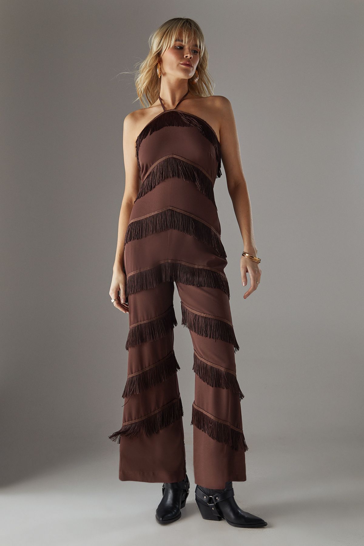 Warehouse Premium Fringe Halter Jumpsuit Chocolate image 1