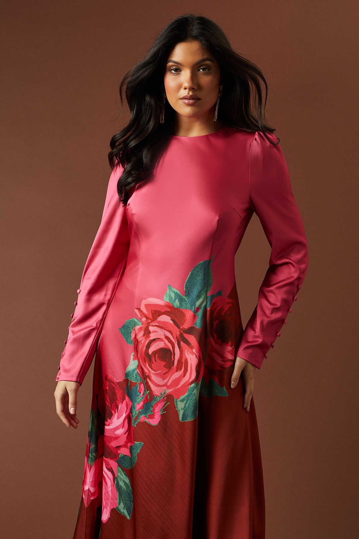 Oasis Premium Satin Placement Print Button Detail Maxi Dress Pink image 2