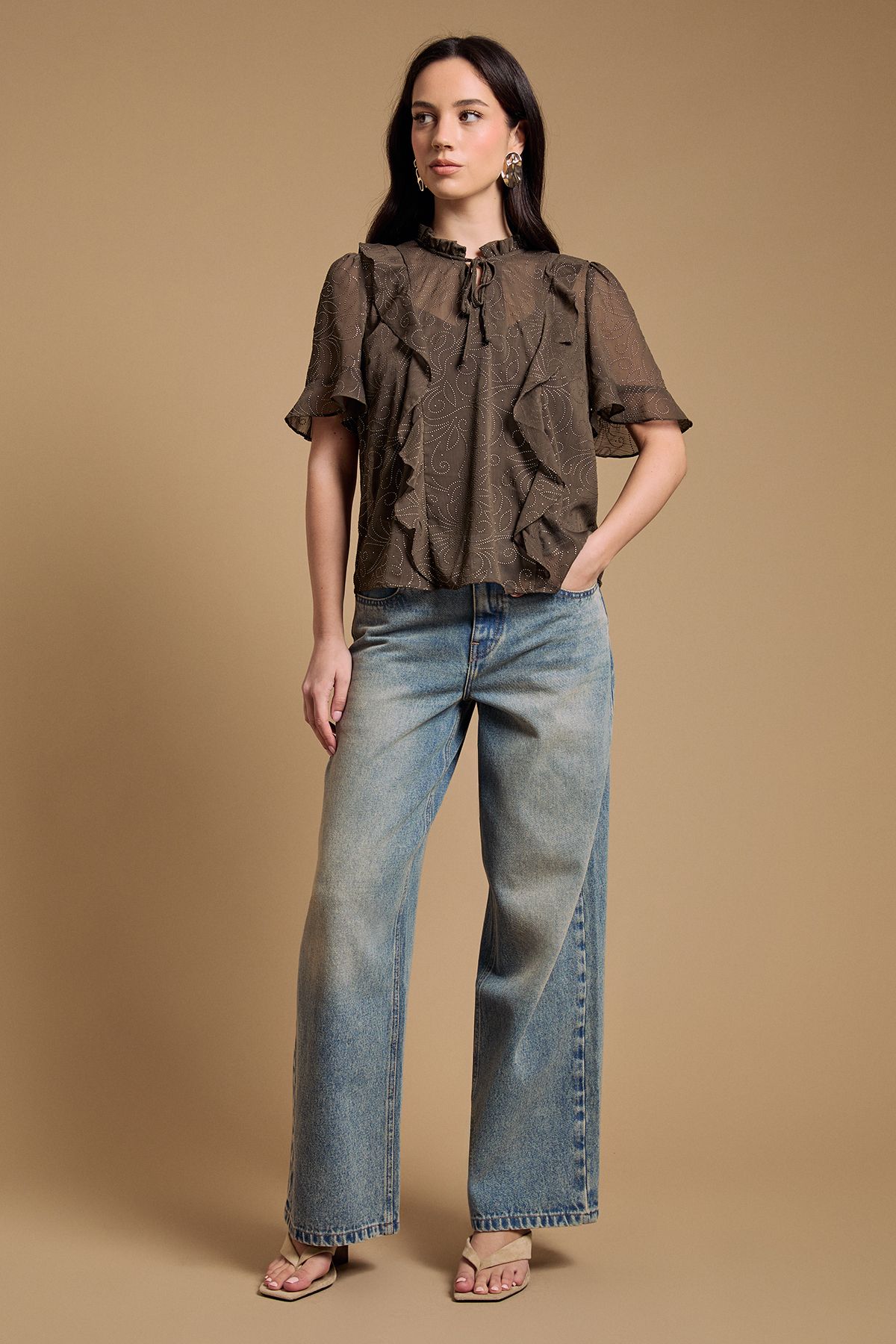 Oasis Tie Neck Frill Babydoll Blouse Khaki image 4